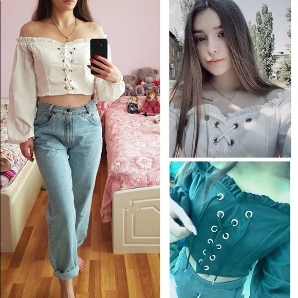 Off shoulder crop top blouse sexy lace up white tie womens shirt - Picture 4 of 6